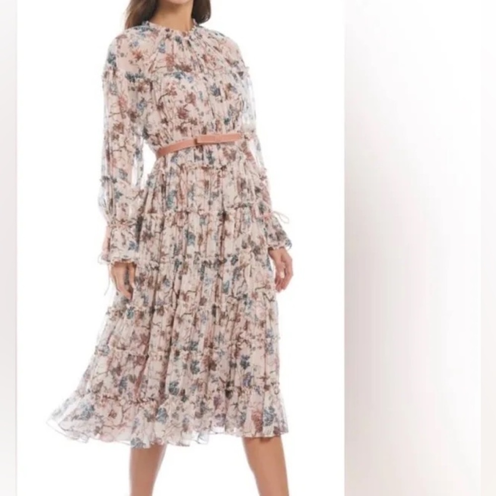 ANTONIO MELANI Floral Long-Sleeve Midi Dress stretch fits sizes 8-12 Rose Pink